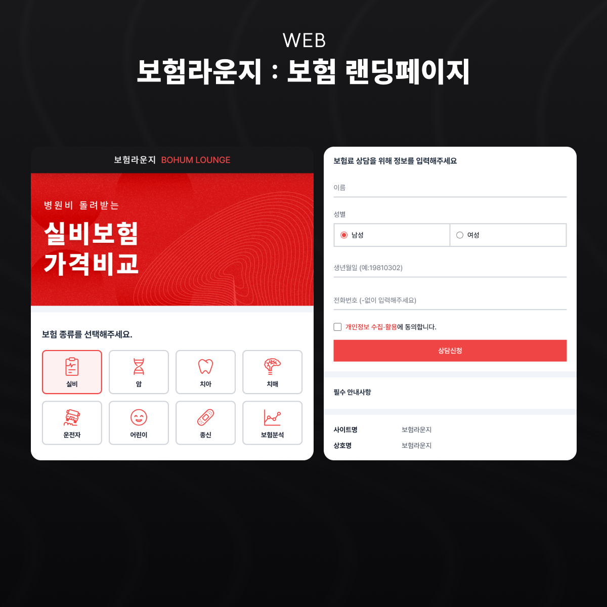 보험라운지 보험 랜딩페이지 화면
