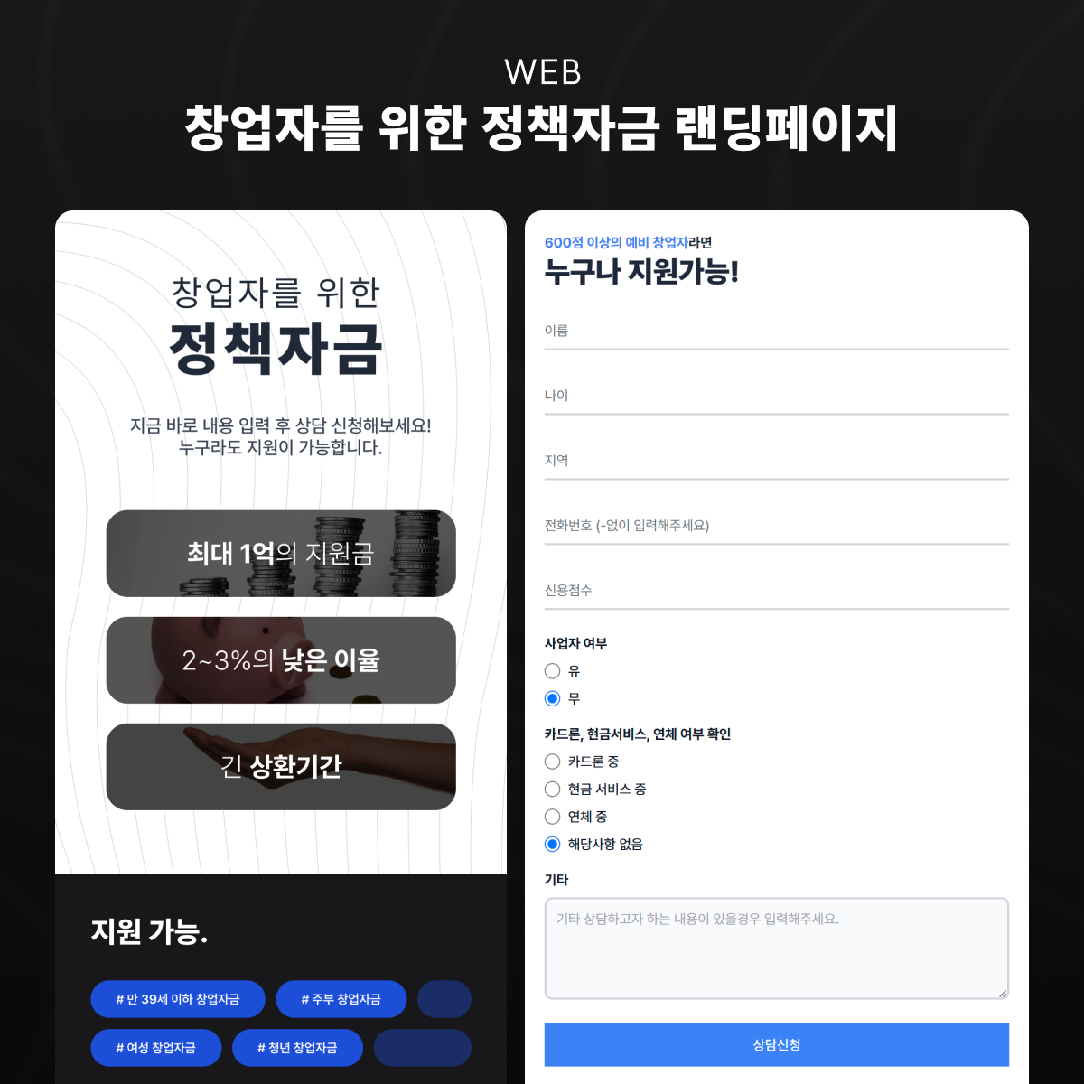 정책자금 안내 랜딩페이지 화면